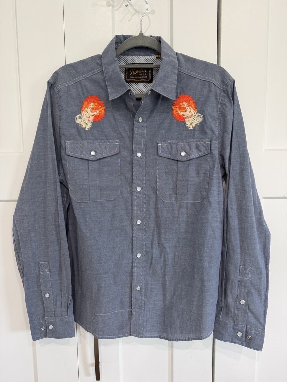 Howler Bros Gaucho Snap Shirt Howling Wolf S Mens Blue Western Bark At Moon